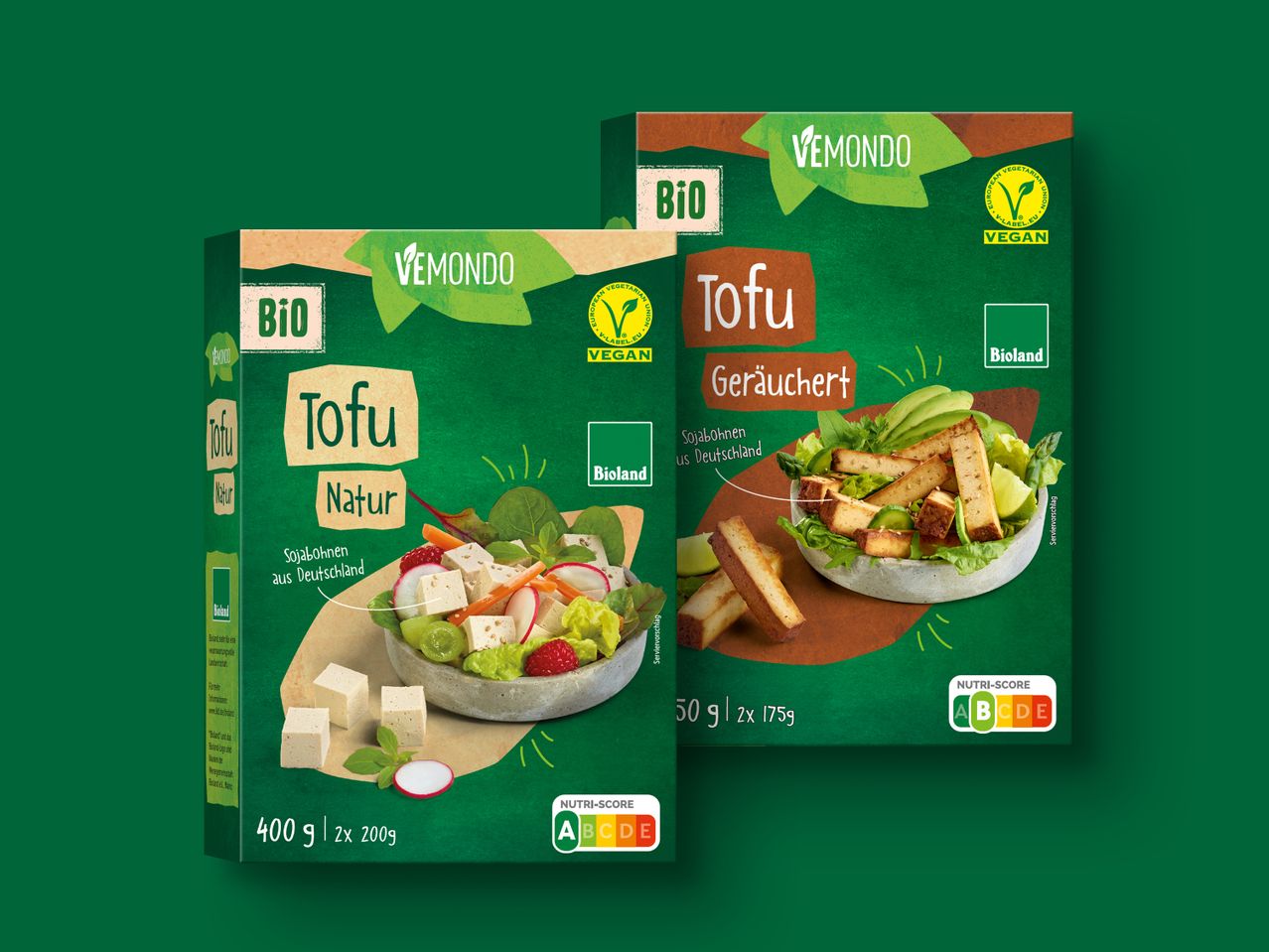 Vemondo Bio Tofu: Natur und geräucherter Tofu Verpackung.