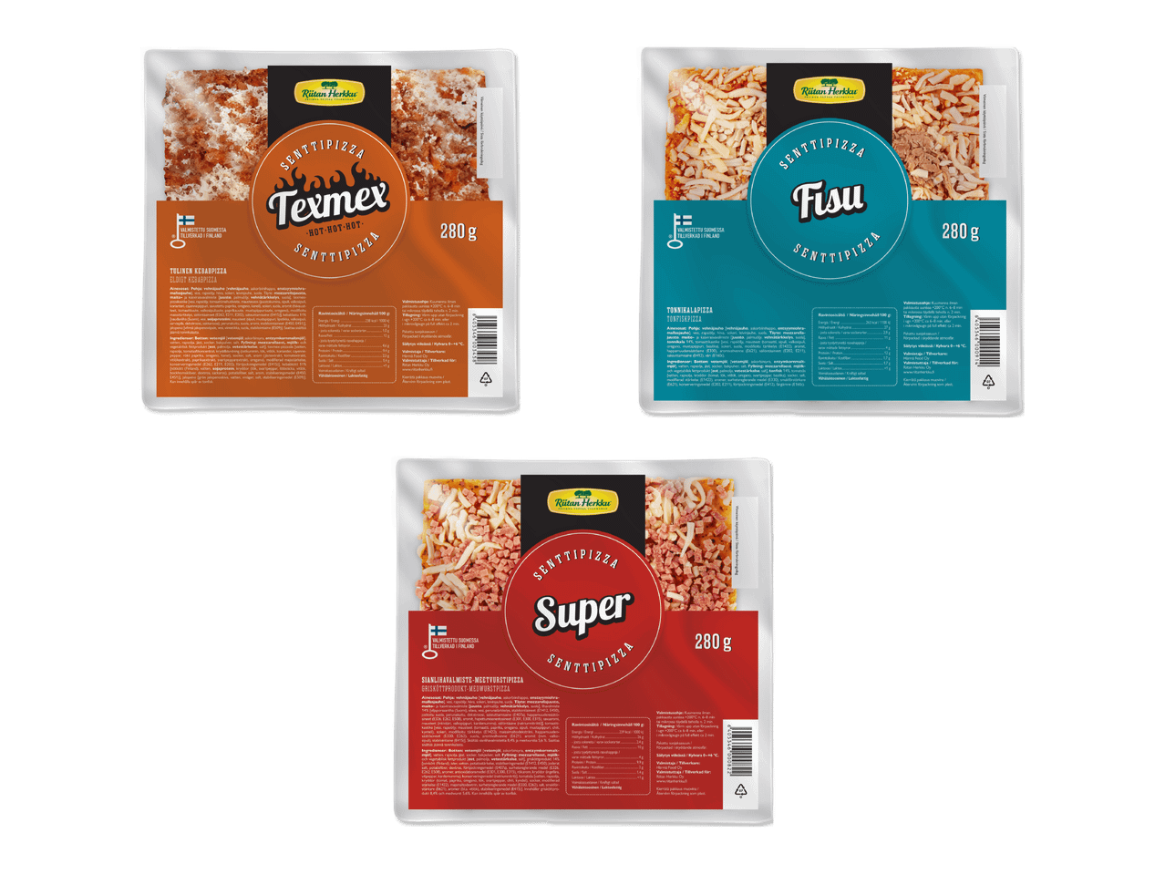 Kolme pakattua pizzaa: Texmex, Fisu ja Super, joissa on erilaisia täytteitä.