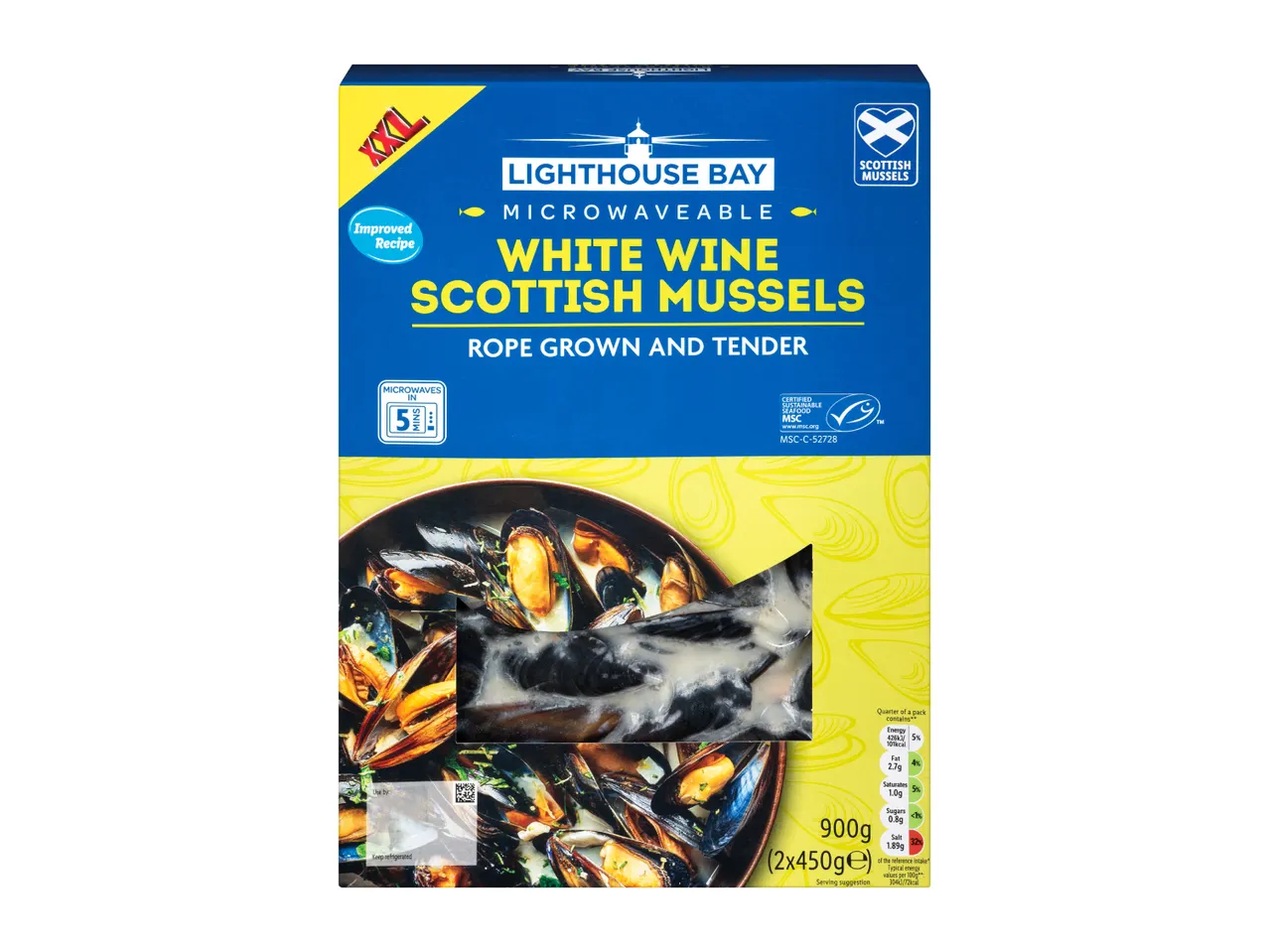 Microwaveable white wine Scottish mussels, 900g, with nutritional information.