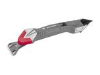 A gray and red multi-tool scraper for grout removal.