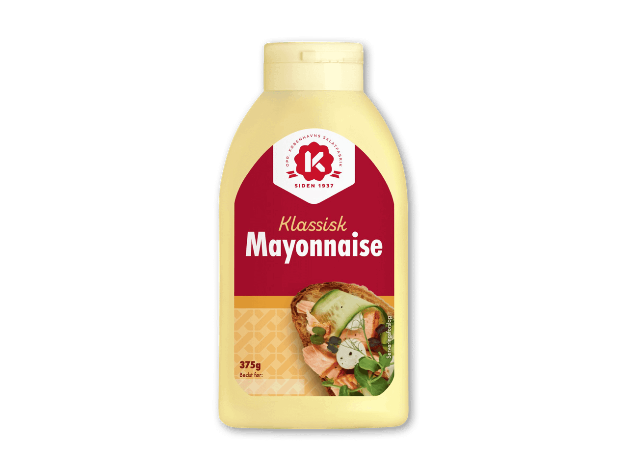 En flaske klassisk mayonnaise med et billede af en smørrebrød med laks og agurk.