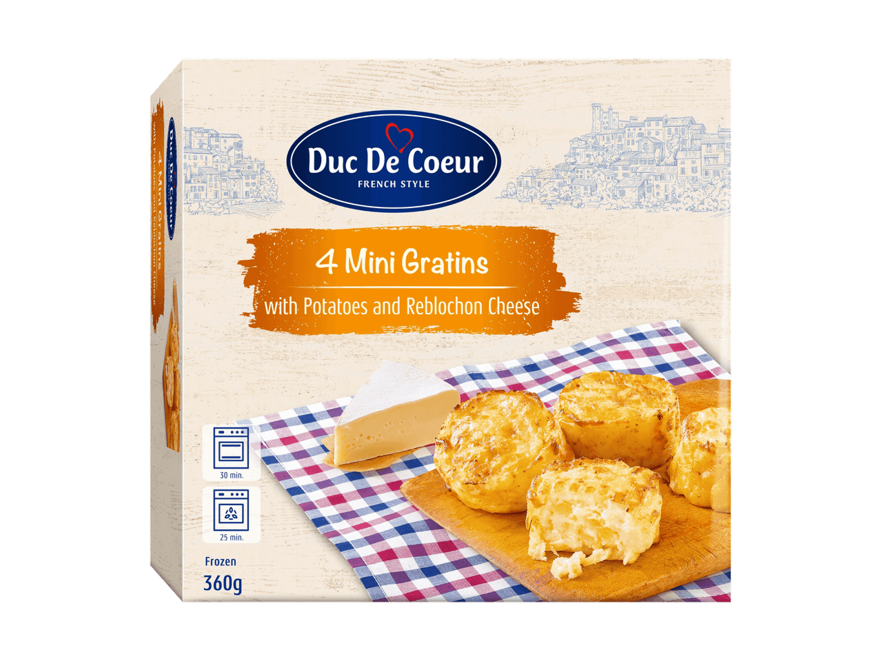 Confezione di 4 mini gratin di patate e formaggio Reblochon, con istruzioni di cottura e peso.