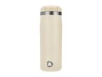 Cream-colored travel mug with a silver band and a dark grey triangular logo.