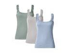 Three ribbed tank tops with lace trim in green, beige, and blue.