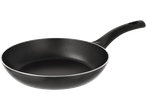 A black non-stick frying pan with a curved handle.