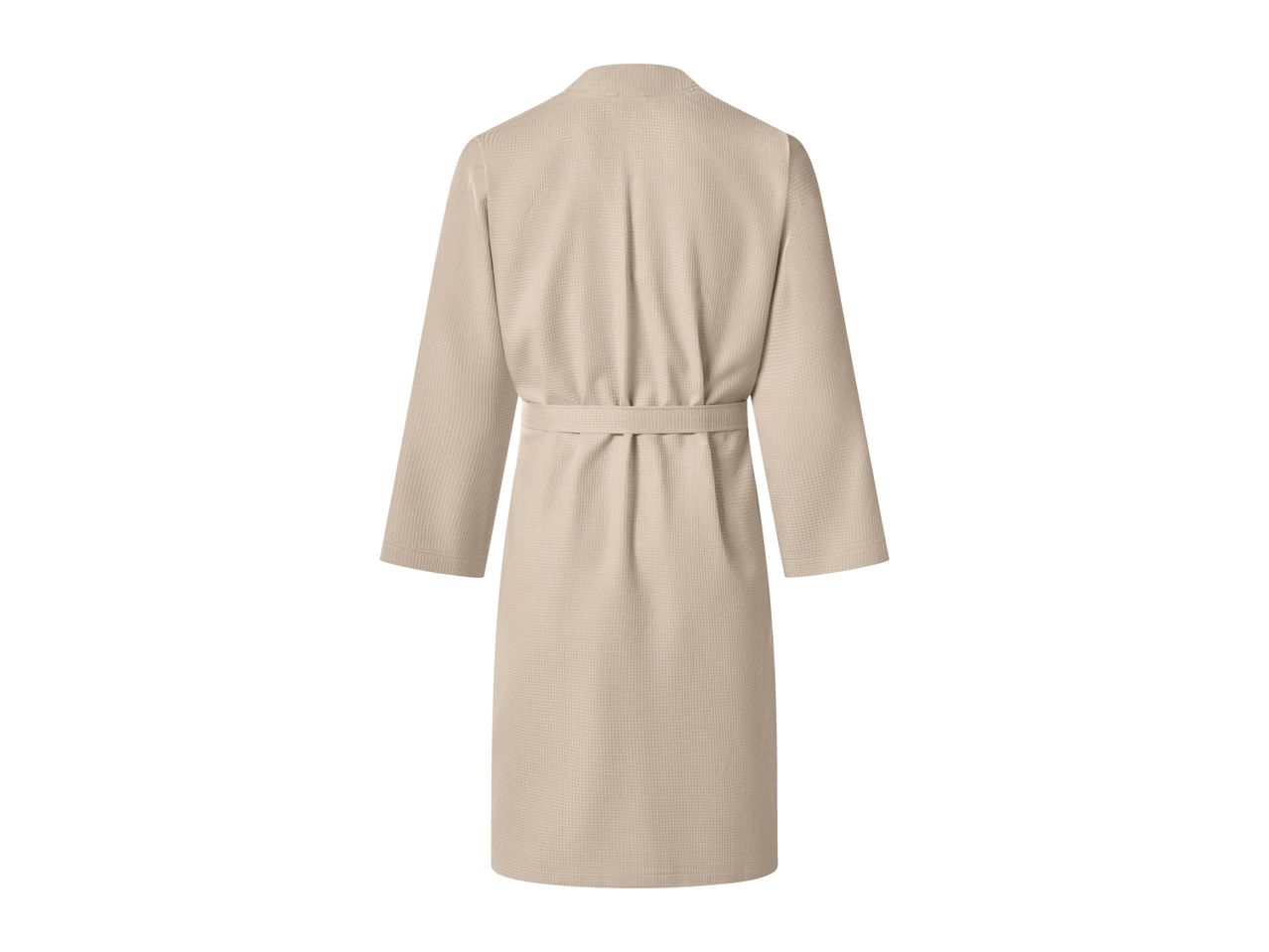 Back view of a beige waffle-knit bathrobe with a tie belt.