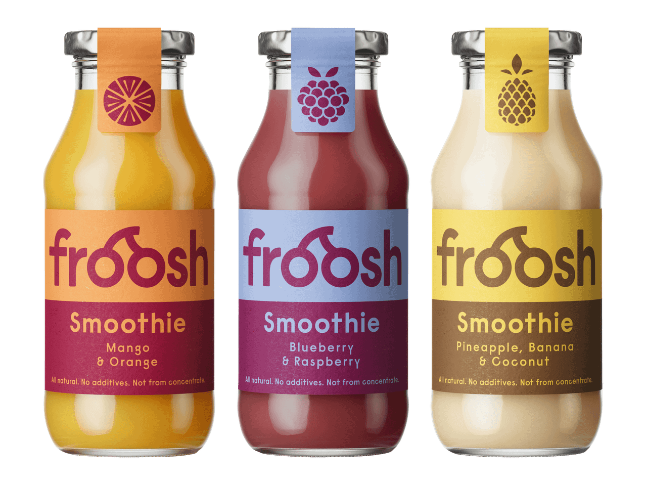 Froosh smoothiet: mango ja appelsiini, mustikka ja vadelma, ananas ja kookos.