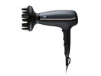 Secador de cabelo preto com difusor, detalhes dourados e botões laterais.