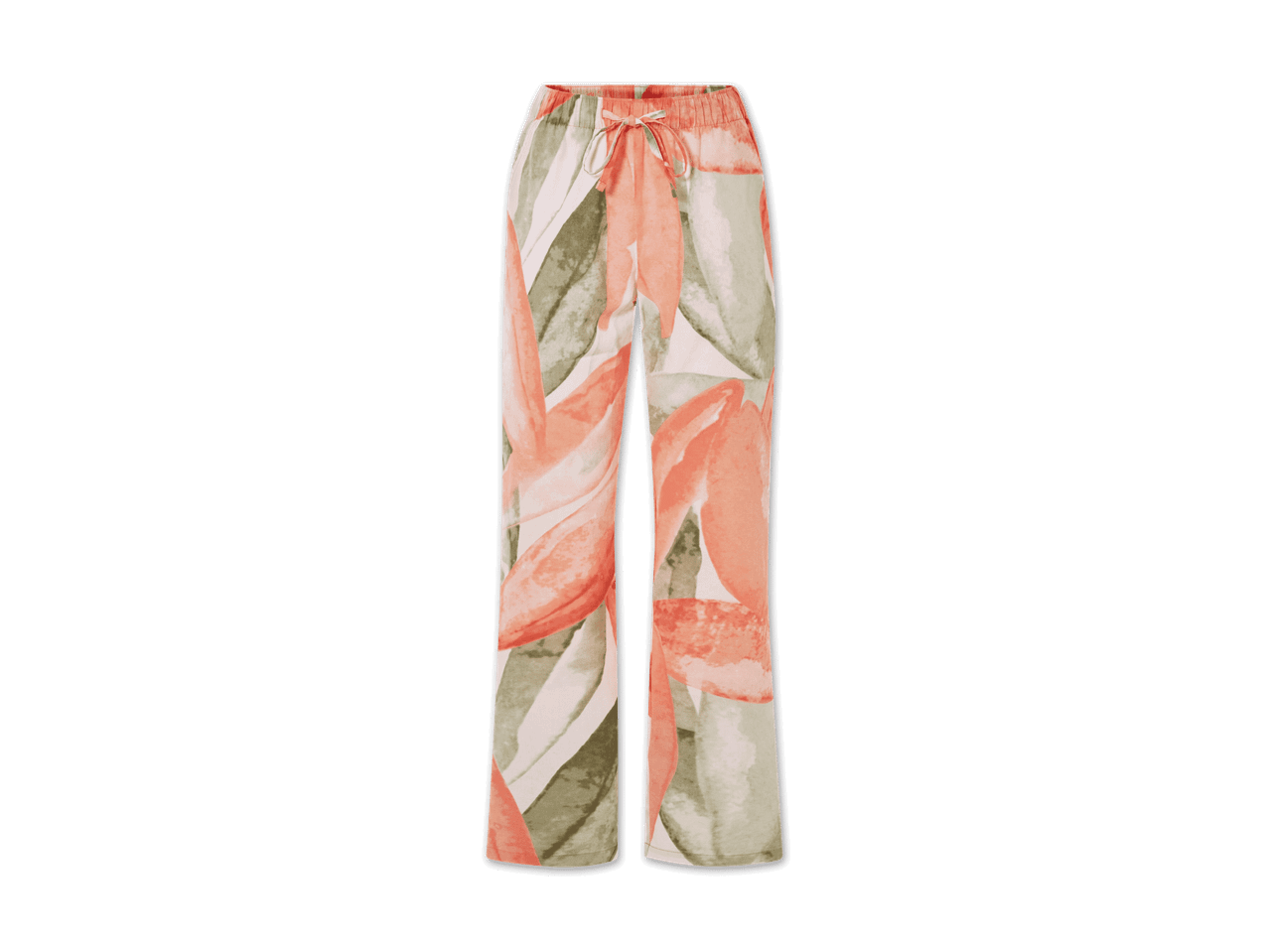 Damenhose mit weitem Bein und tropischem Blattmuster in Koralle und Olivgrün