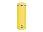 Yellow travel mug with a silver band and a triangular logo