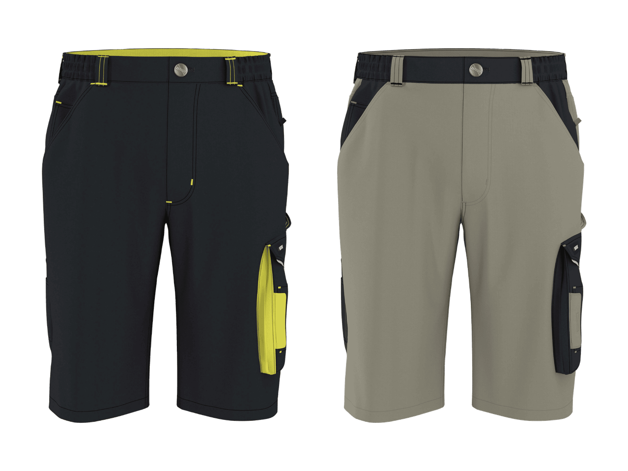 Due paia di pantaloncini da lavoro, uno nero con dettagli gialli e uno beige con dettagli neri.