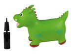 Green inflatable dragon bouncer with a black hand pump.
