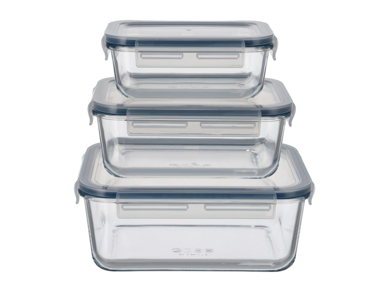 Three rectangular glass food storage containers with blue-grey lids, stacked vertically.