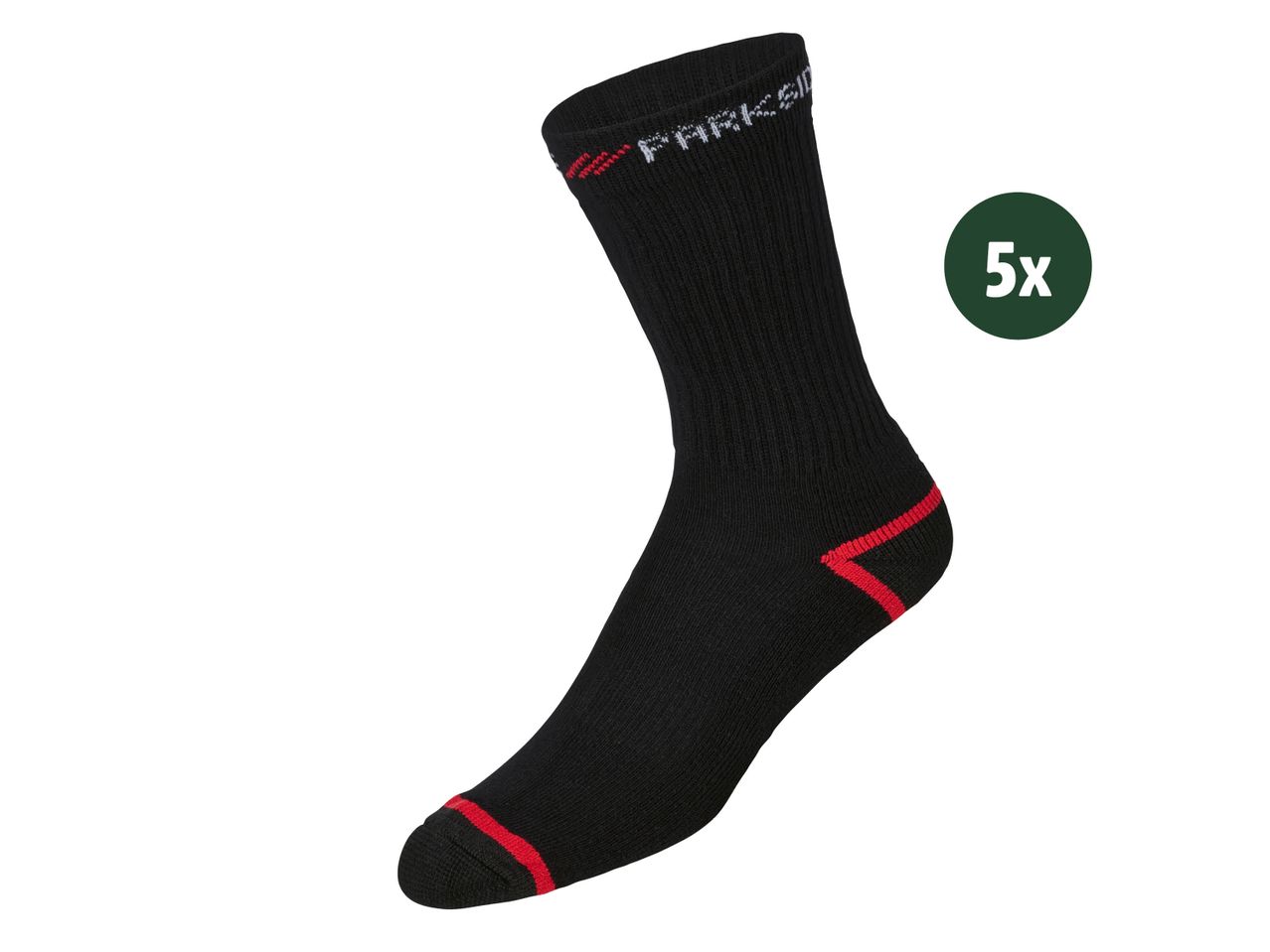 Five pairs of black work socks with red accents.