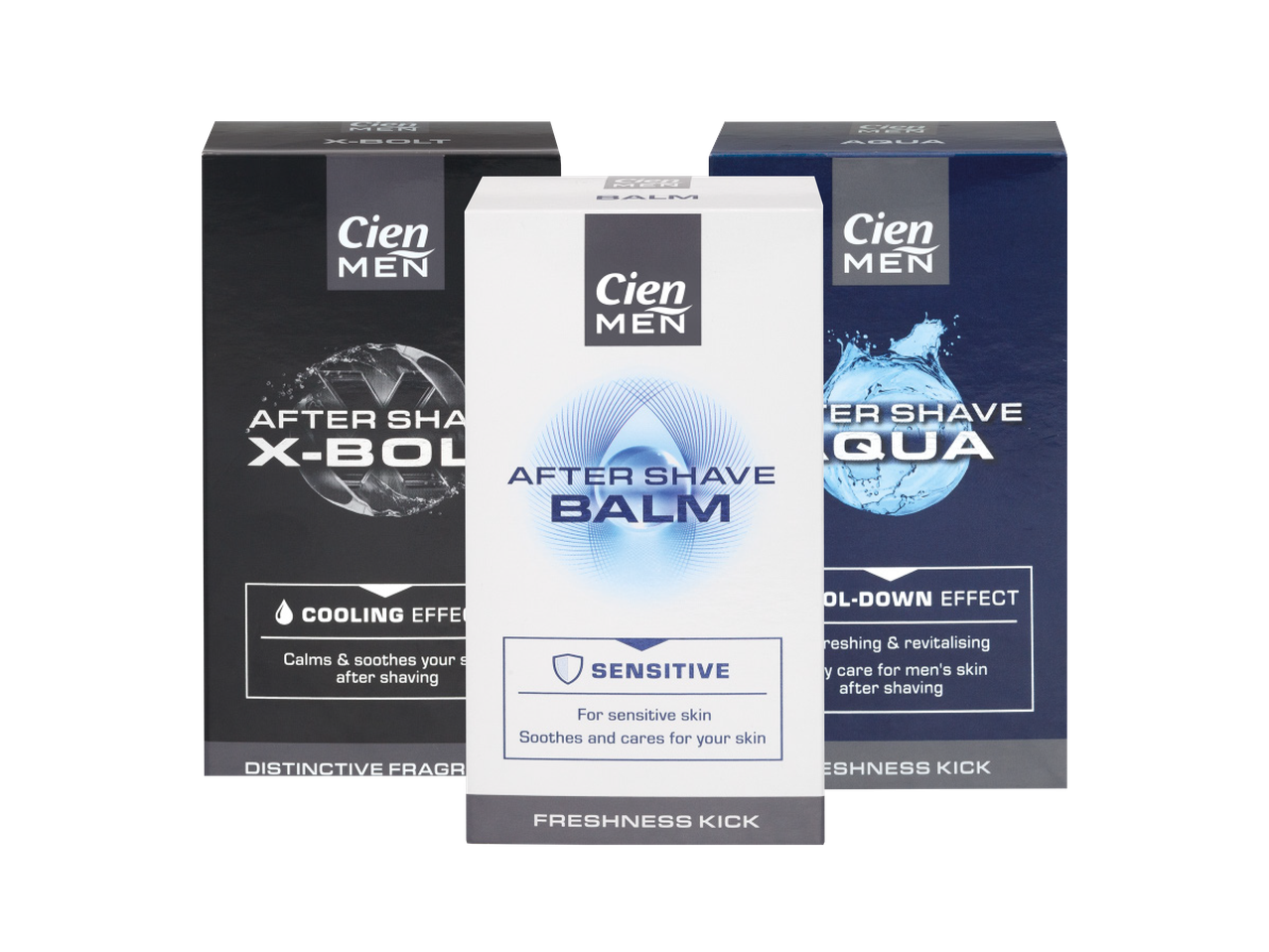 Tre balsami dopobarba Clean & Clear: X-Bold, Balm, e Aqua.