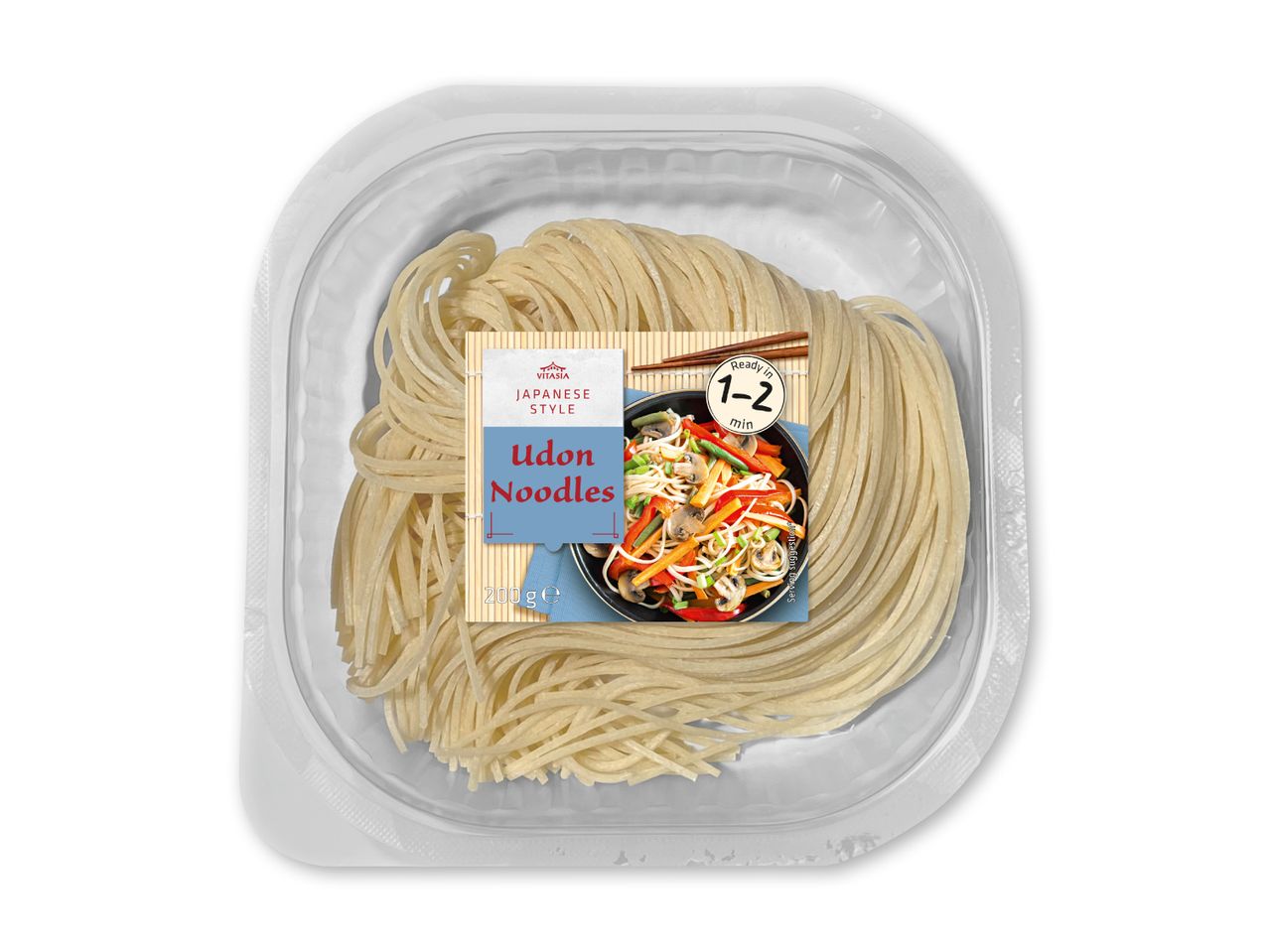 Pakke med japanske udon-nudler, klar på 1-2 minutter, med et billede af en nudelret.