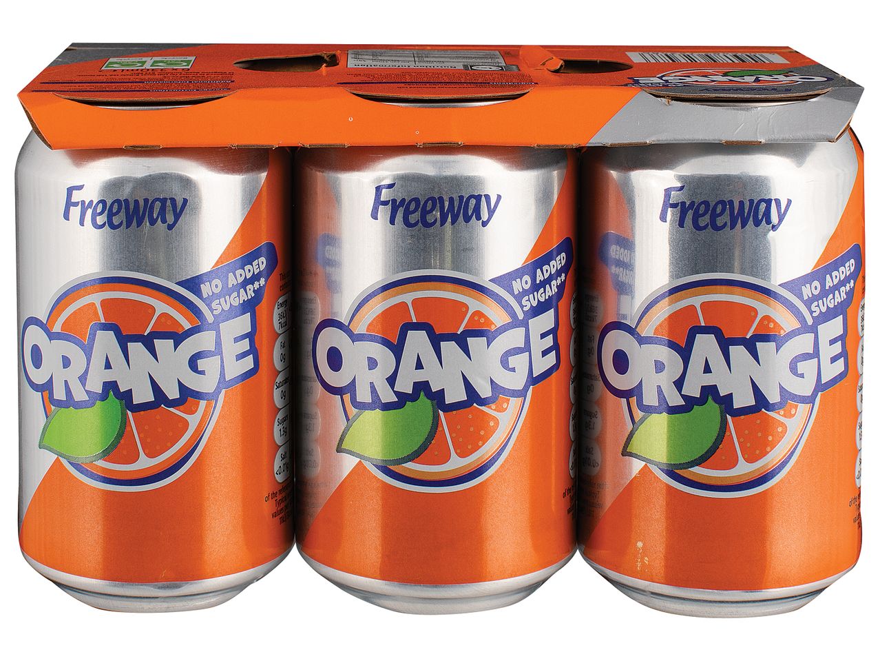 Six Freeway orange cans, no added sugar.