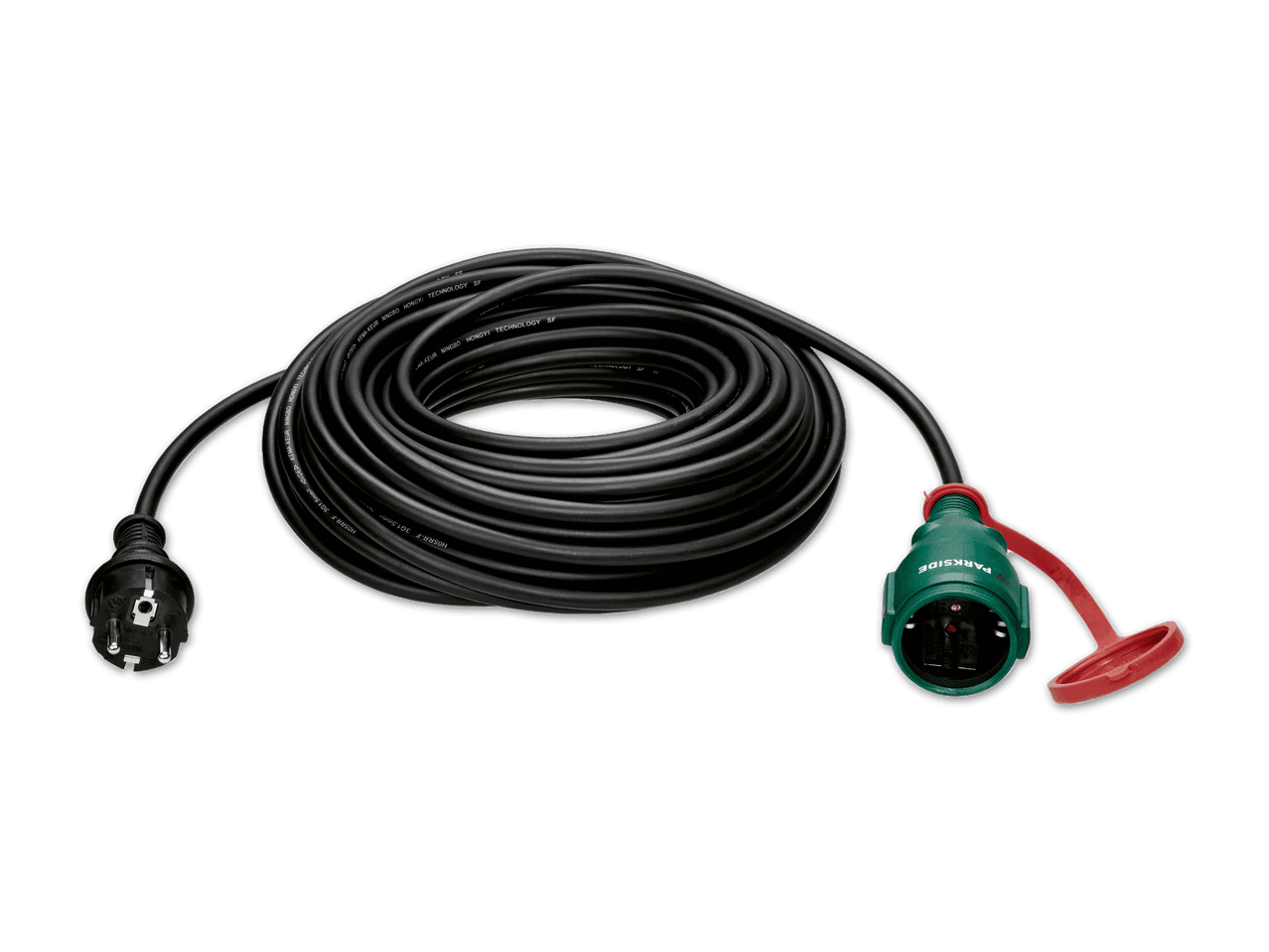 Schwarzes Verlängerungskabel mit Schuko-Stecker und -Kupplung