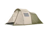 Large family camping tent in beige and olive green with multiple rooms and windows