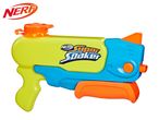 A bright green and blue water blaster with orange accents and a textured grip.