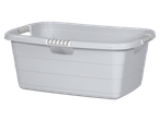Light grey plastic laundry basket with integrated handles and textured grips.
