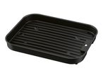 Black rectangular grill pan with ridged surface and drainage holes.