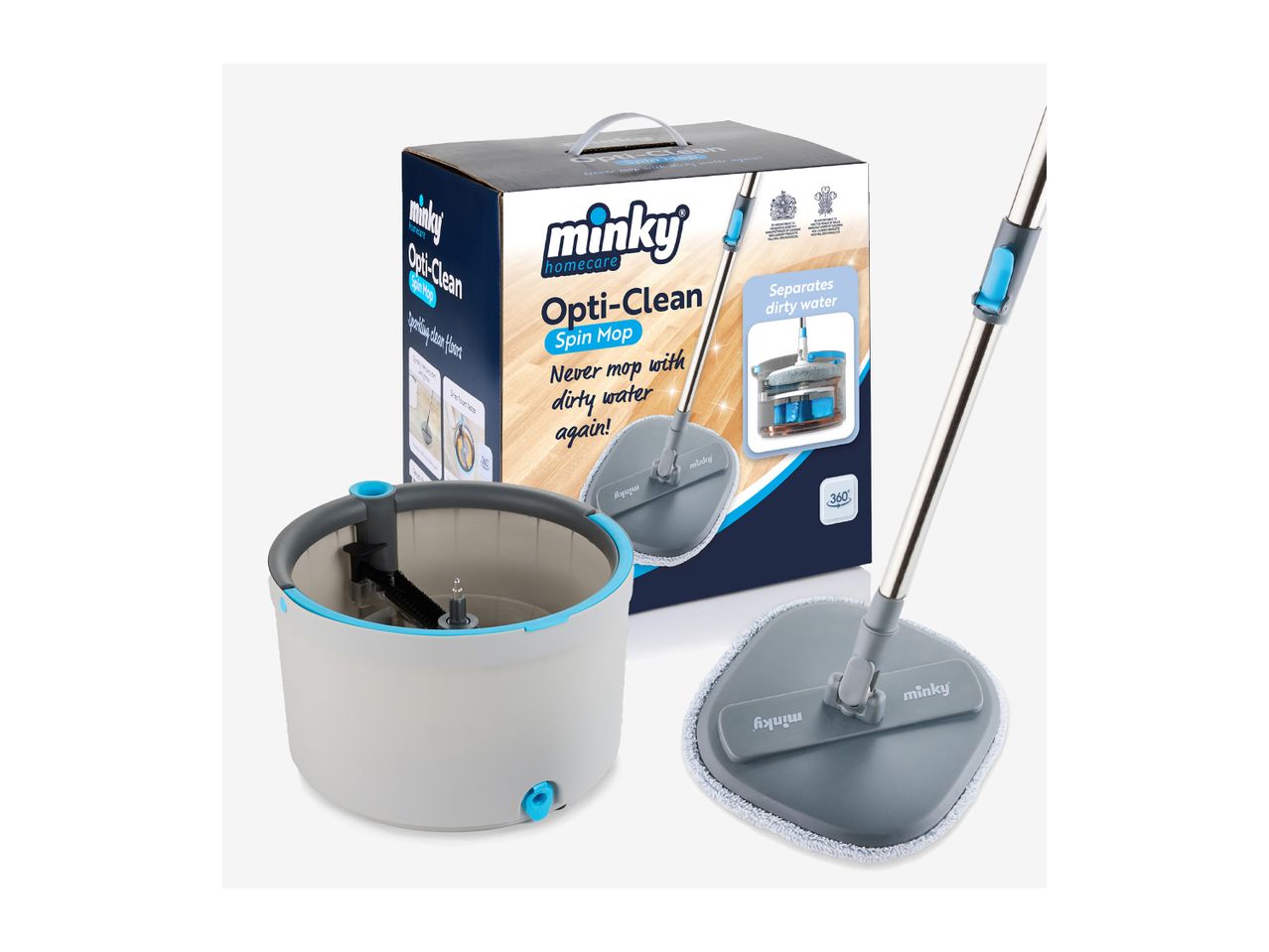 Minky Opti-Clean Spin Mop with bucket and box, highlighting its dirty water separation feature.