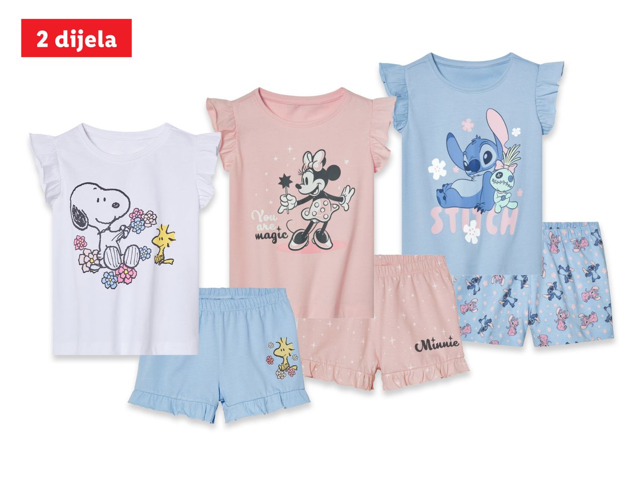 Dječji pidžame setovi s likovima Snoopyja, Stitch-a i drugih.