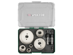 A set of diamond-coated hole saws and drill bits in a clear and green case.