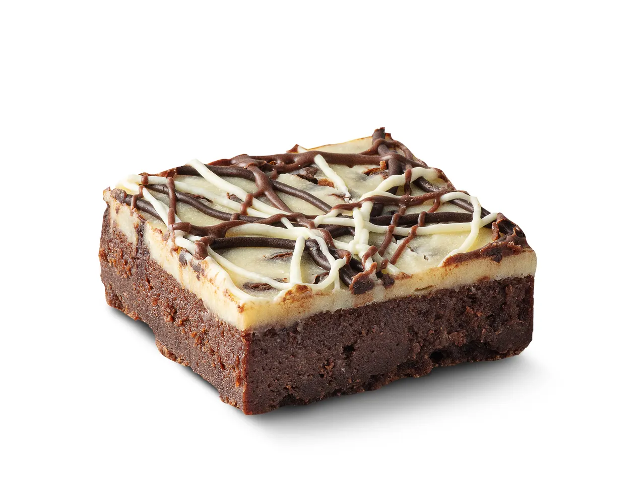 Chocolate brownie with white and dark chocolate drizzle.