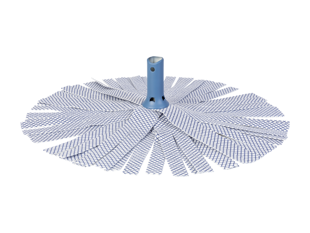 Mopas su mėlyna galvute ir baltais, languotais šluostėmis.