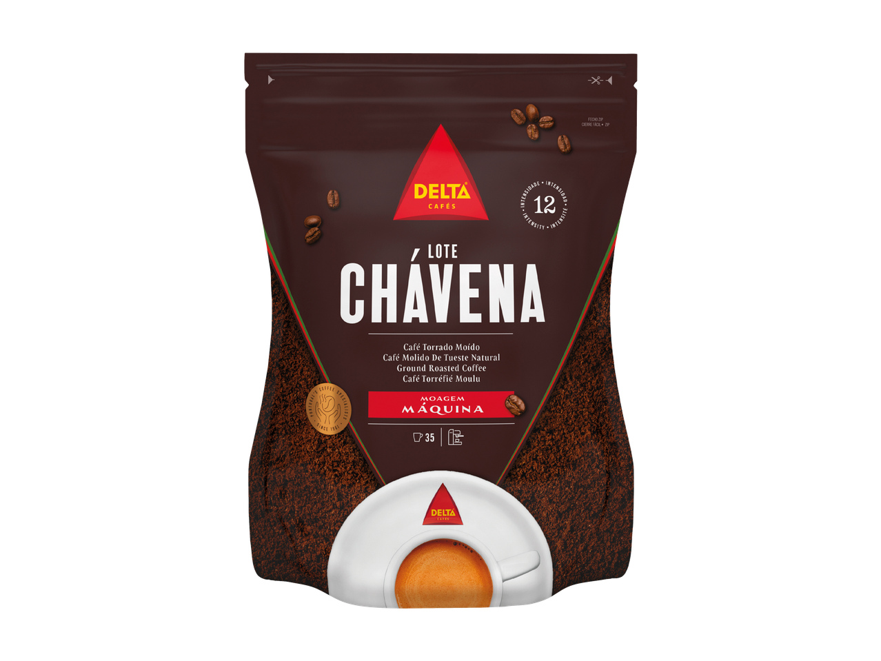Café moído Delta Lote Chávena, intensidade 12, para máquina, com 35 doses.