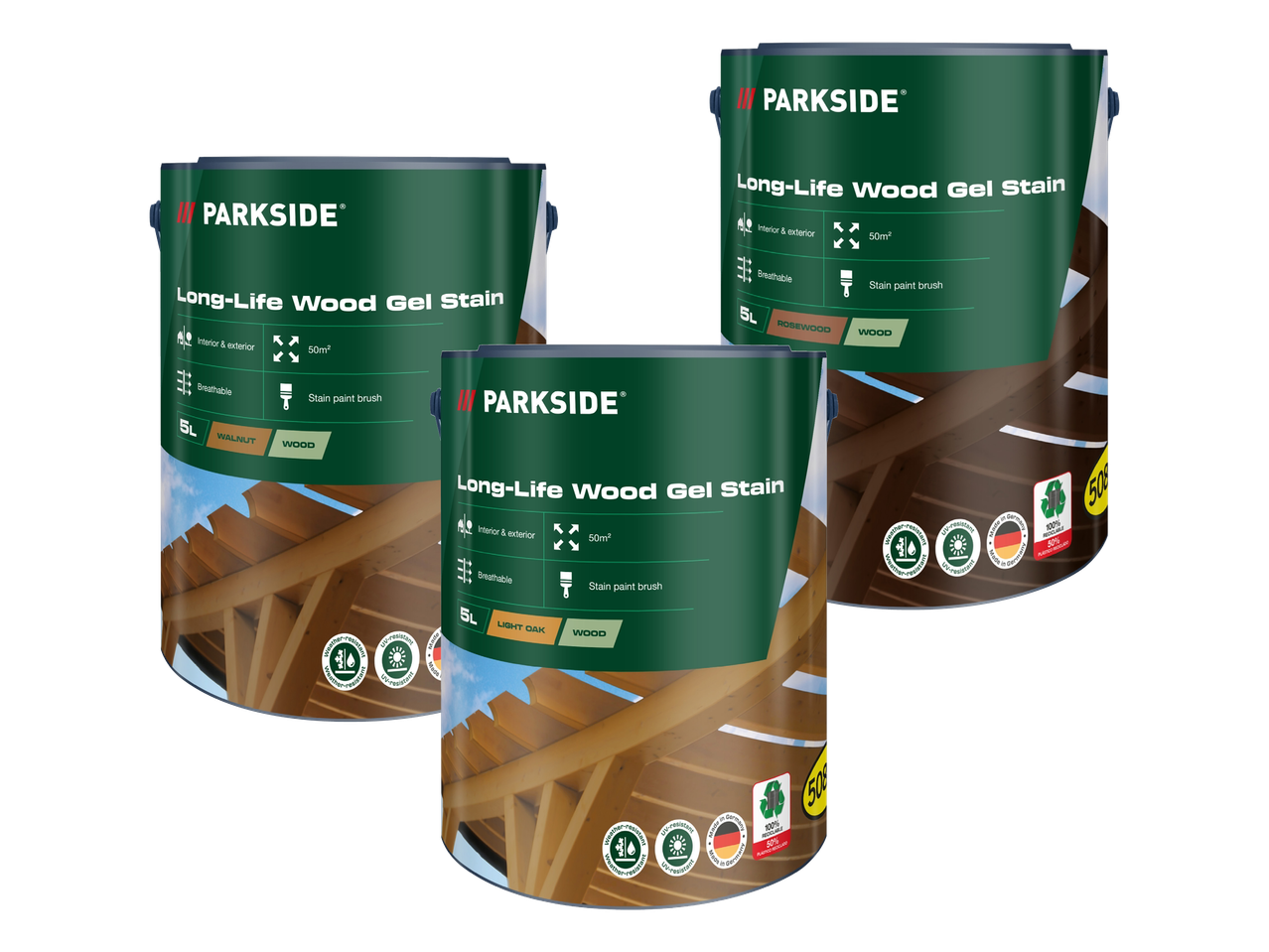 Tri limenke dugotrajne gel boje za drvo u nijansama oraha, ružinog drveta i svijetlog hrasta.