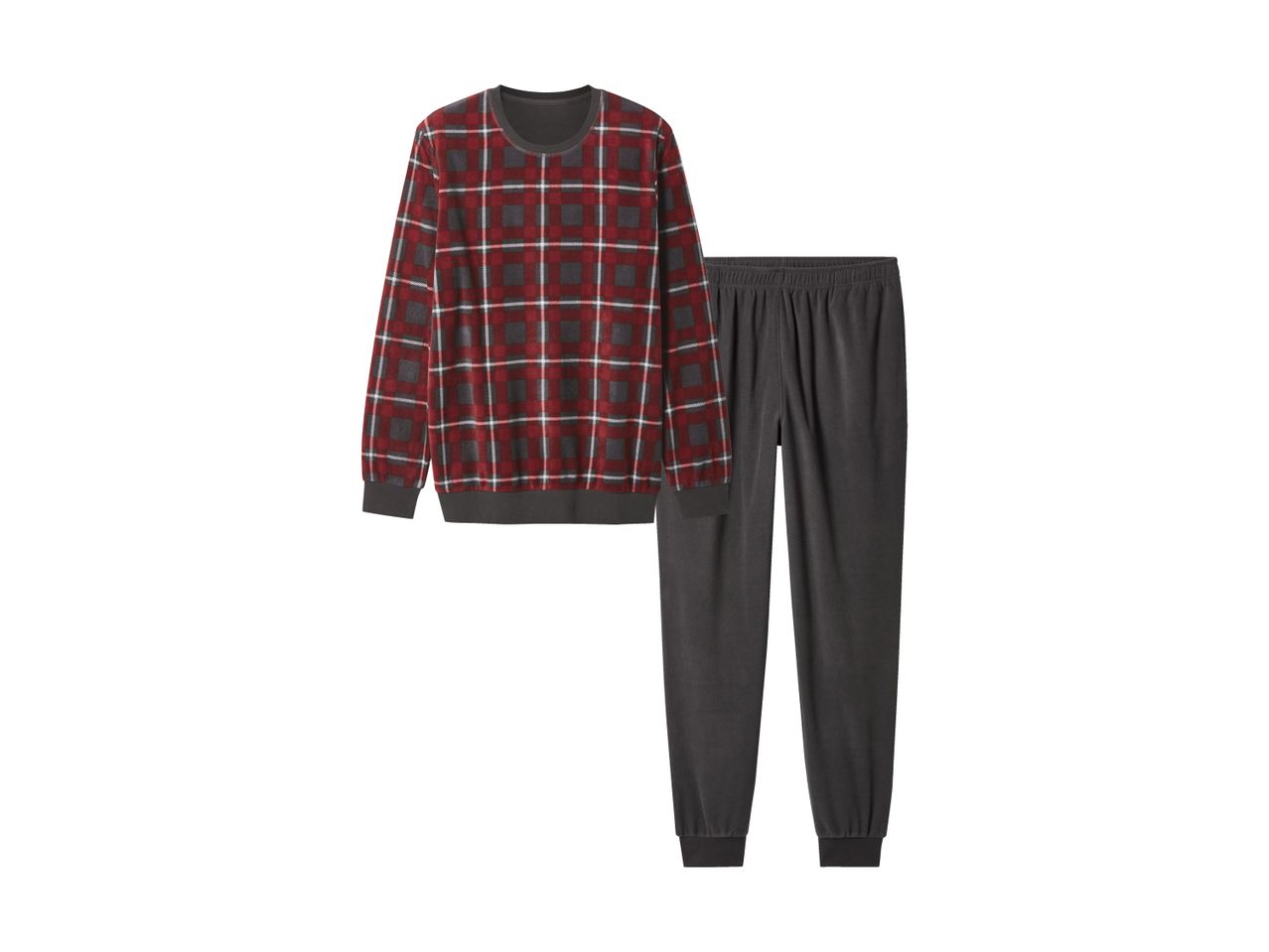 Men's red and grey plaid fleece pajama top and solid grey fleece pajama bottoms