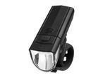 A black bicycle headlight with a clear lens and a power button is shown.
