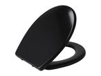 A black toilet seat and lid, angled upwards, on a white background.