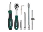 A ratchet set with various sockets and extensions.
