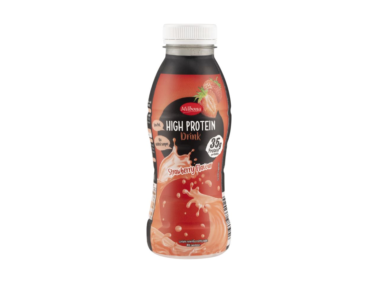 Milbona strawberry flavour high protein drink: high protein bottle.