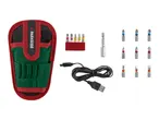 PARKSIDE tool pouch with various screwdriver bits, a bit holder, and a USB charging cable.