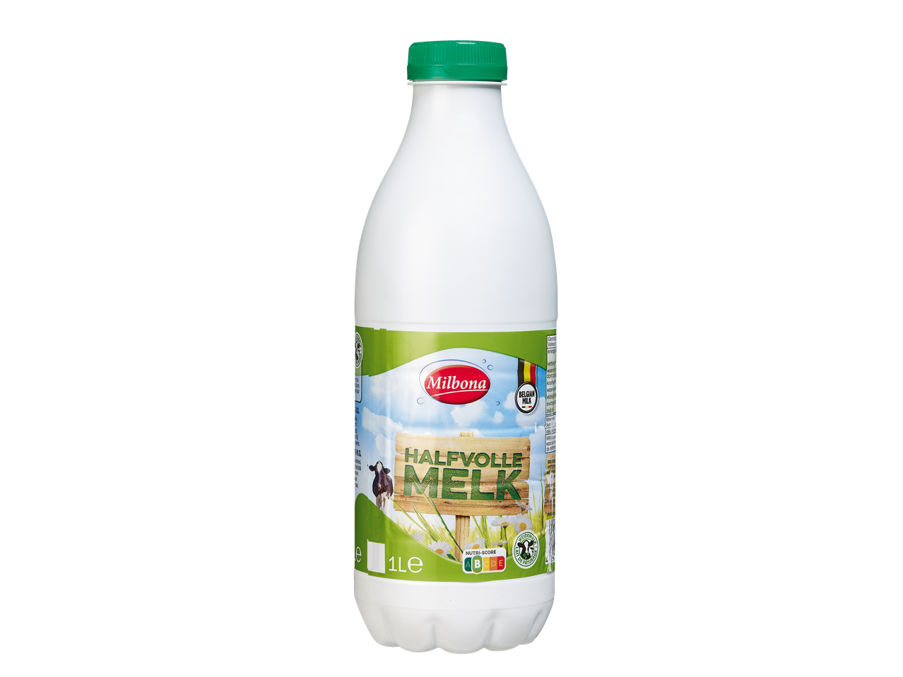 Lait demi-écrémé Milbona dans une bouteille blanche avec un bouchon vert