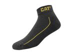 A dark gray CAT branded ankle sock with a yellow stripe.