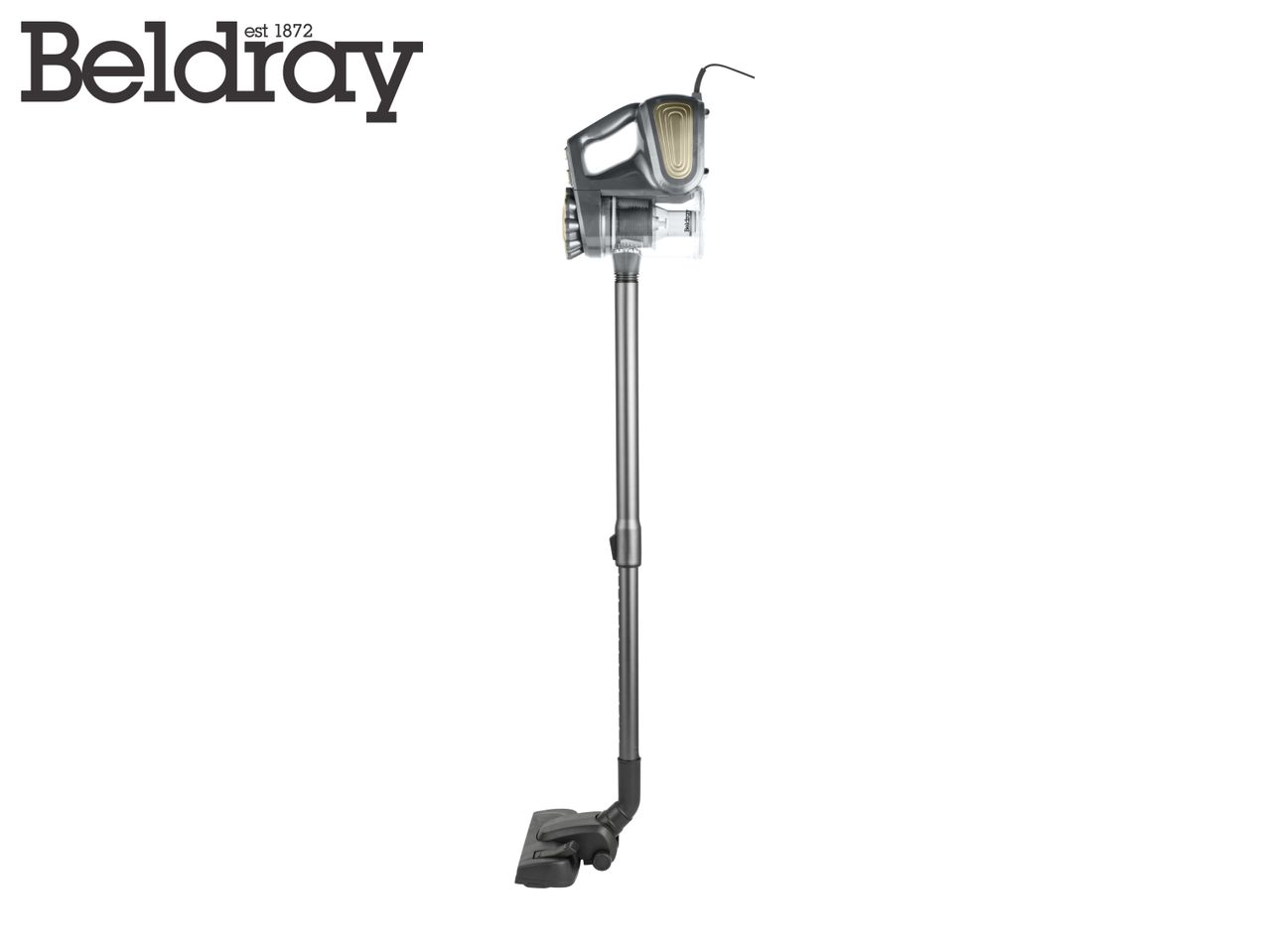 Grey stick vacuum cleaner with a transparent dustbin and a black floor head.