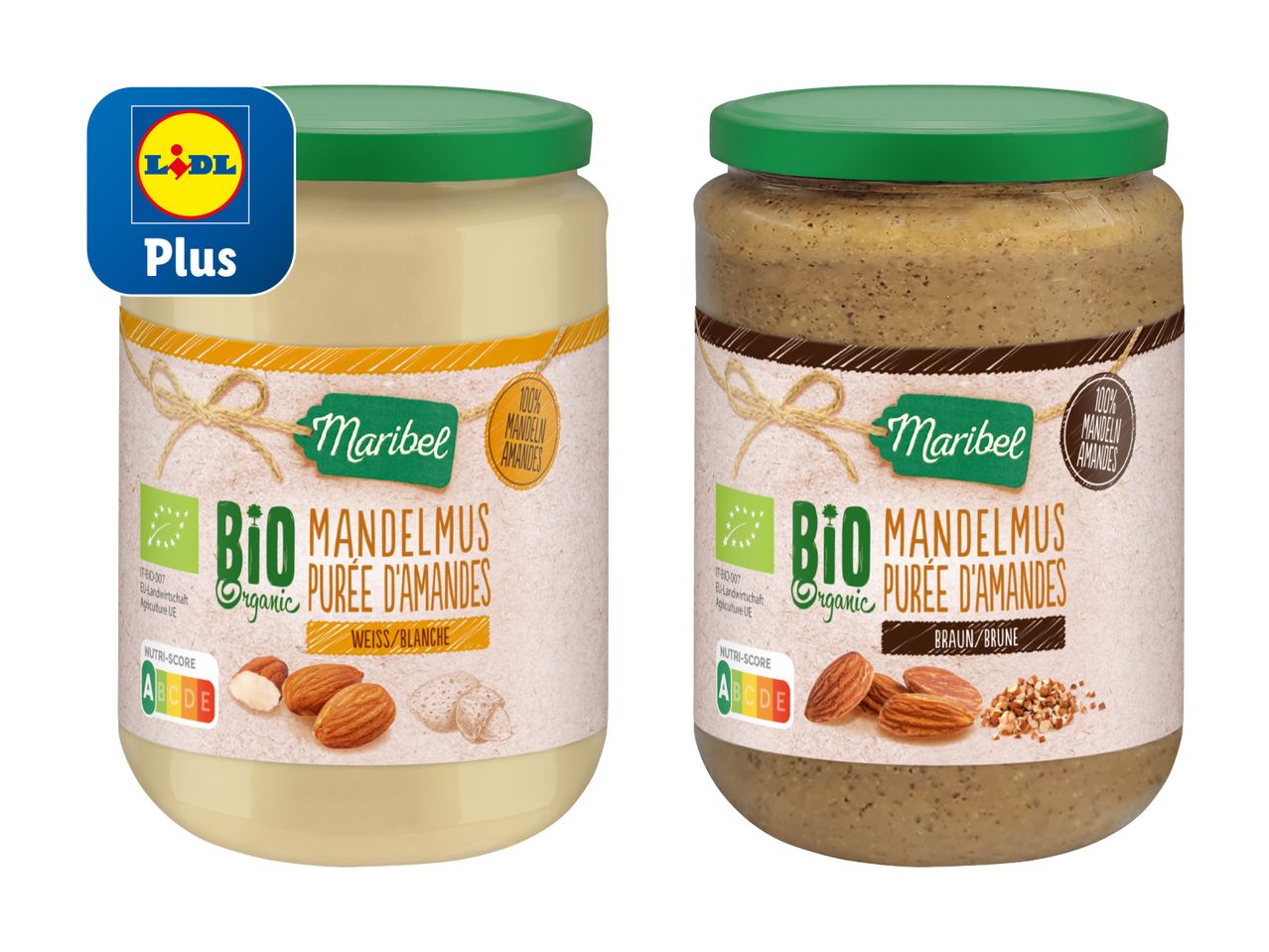 Zwei Gläser Bio-Mandelmus von Lidl: Natur und Honig.
