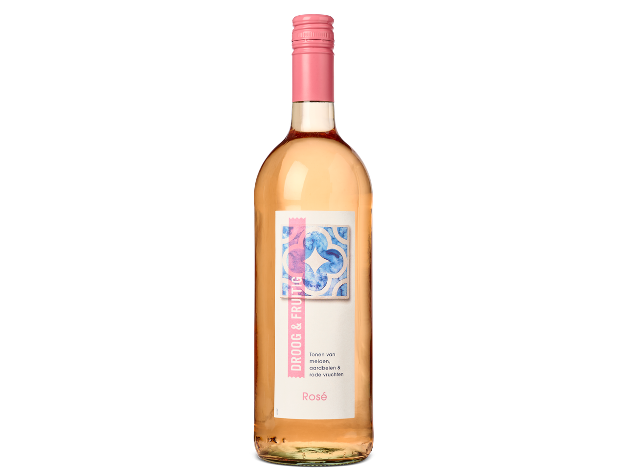 Droog & Fruitig rosé wijn met azulejo-stijl etiket.