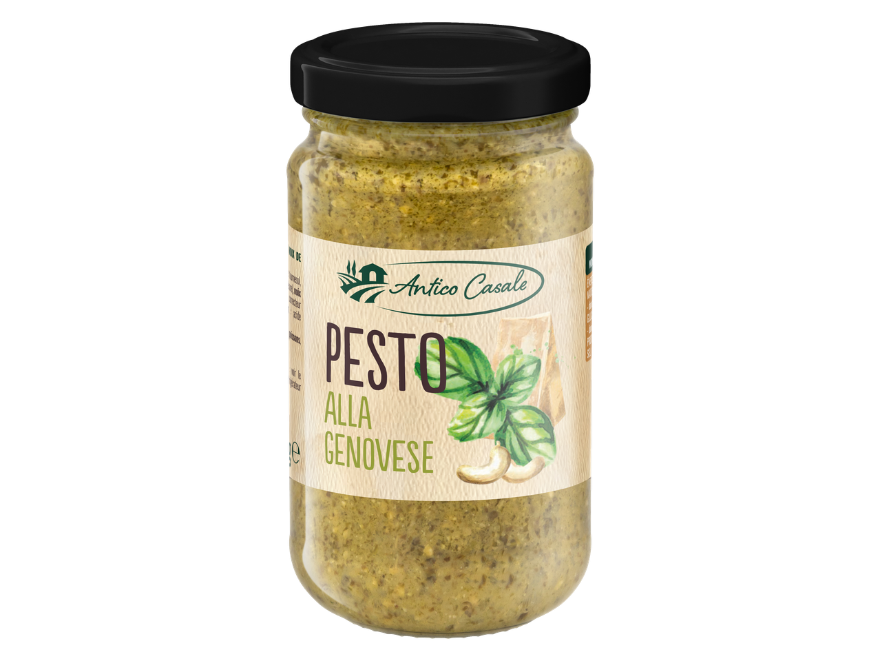 Antico Casale Pesto Alla Genovese en pot de verre avec illustration de basilic et de noix de cajou