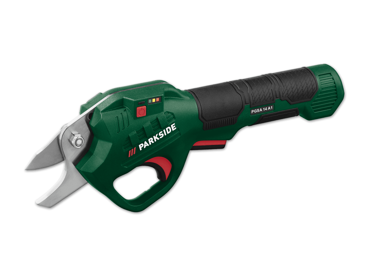 Eine grüne und schwarze elektrische Gartenschere der Marke Parkside.