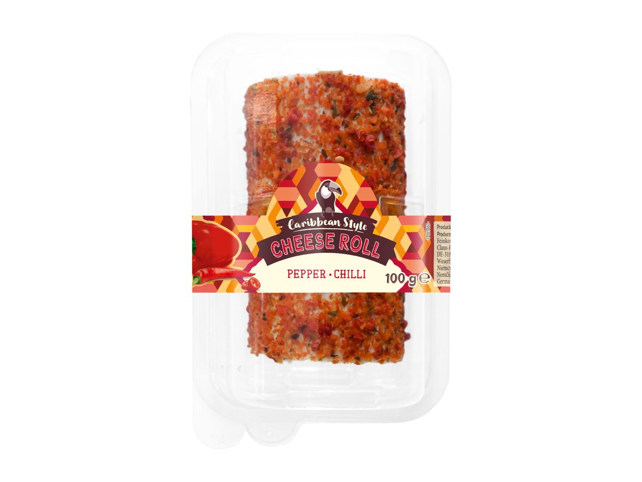 Caribbean style cheese roll with pepper and chili, 100g, in a clear plastic container.