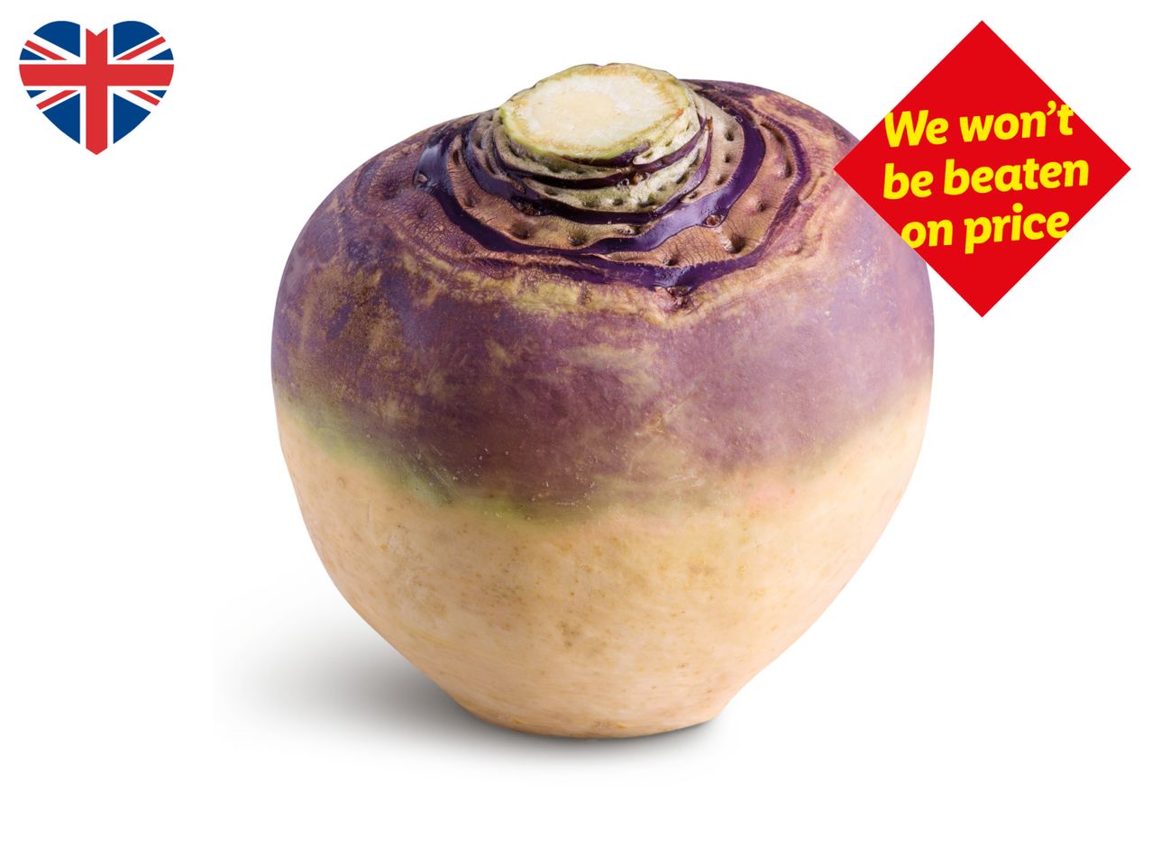 A swede with a heart-shaped Union Jack flag and a red diamond label saying 'We won't be beaten on price'.