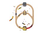 Overhead view of a wooden toy train track set with trains and construction vehicles.