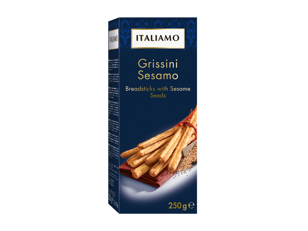 Italiamo Grissini Sesamo: 250g de palitos de pão com sementes de gergelim.